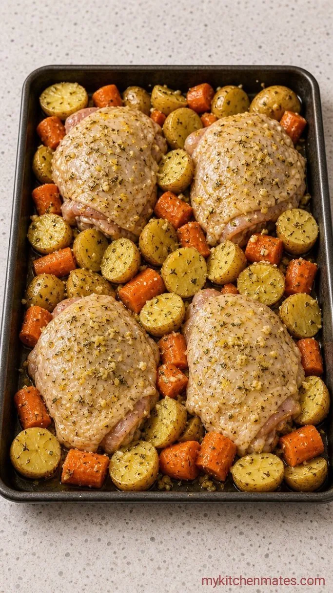 Sheet Pan Lemon Herb Chicken and Veggies Step 1: Coat the Chicken and Root Vegetables