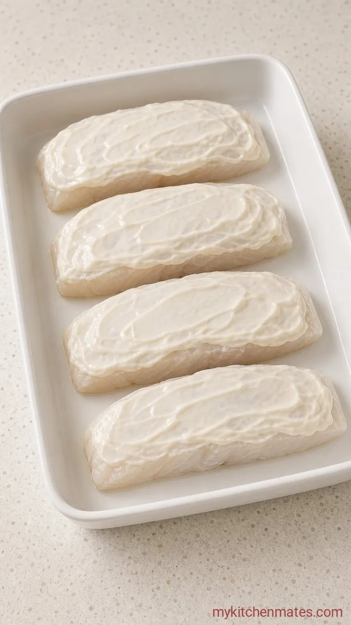 5-Ingredient Parmesan Crusted Cod (Ready in 25 Minutes) Step 1: Coat the Cod with Mayo