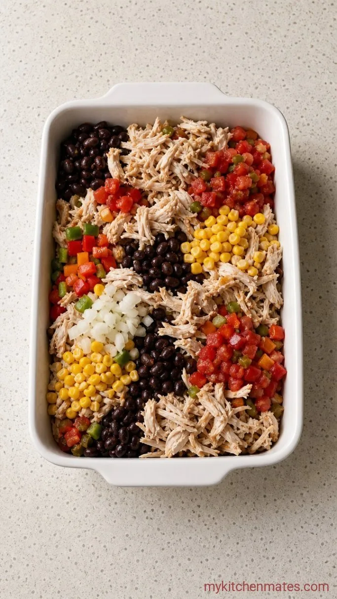 Quick Weeknight Southwest Chicken Casserole Step 1: Combine the Chicken and Veggies