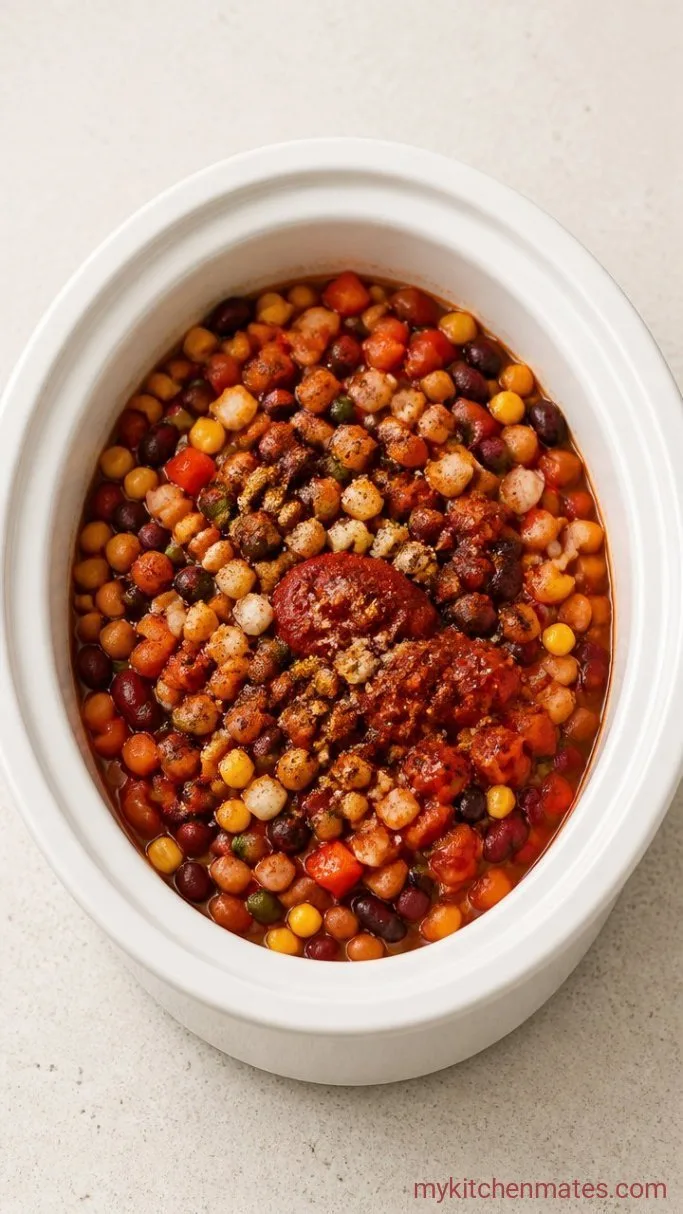 Dump-and-Go Vegan Chili in the Crockpot Step 1: Combine the Ingredients