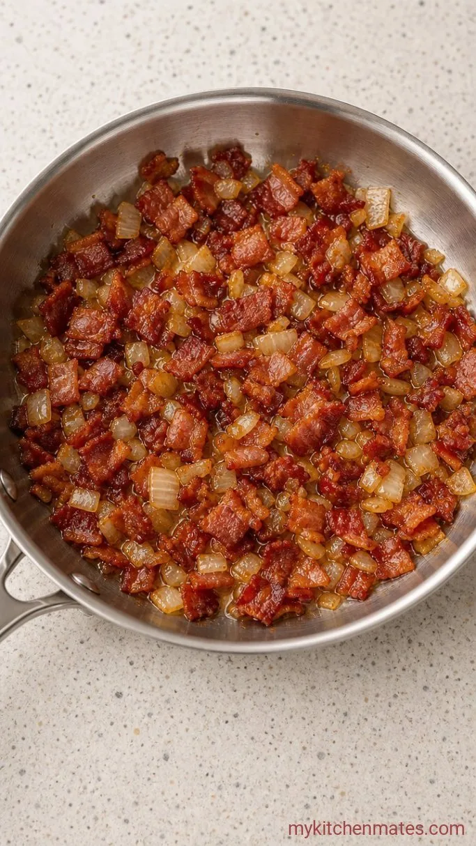 Fluffy Crustless Quiche with Cottage Cheese Step 1: Cook the Bacon and Onion