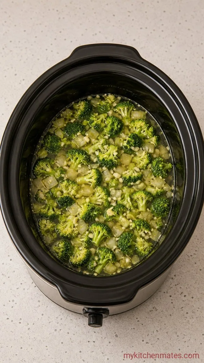 Creamy Crockpot Broccoli Cheese Soup Step 1: Cook the Broccoli Mixture