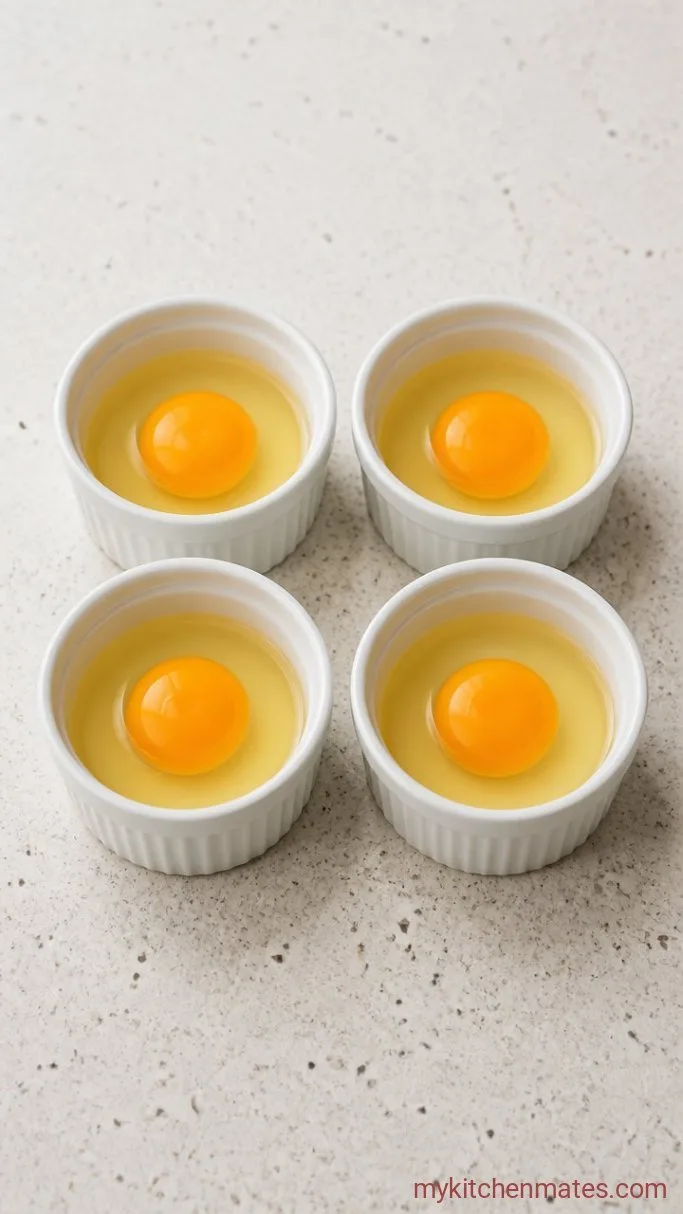 Air Fryer Poached Eggs in 8 Minutes: No Boiling Water Needed Step 1: Crack the Eggs Into Ramekins