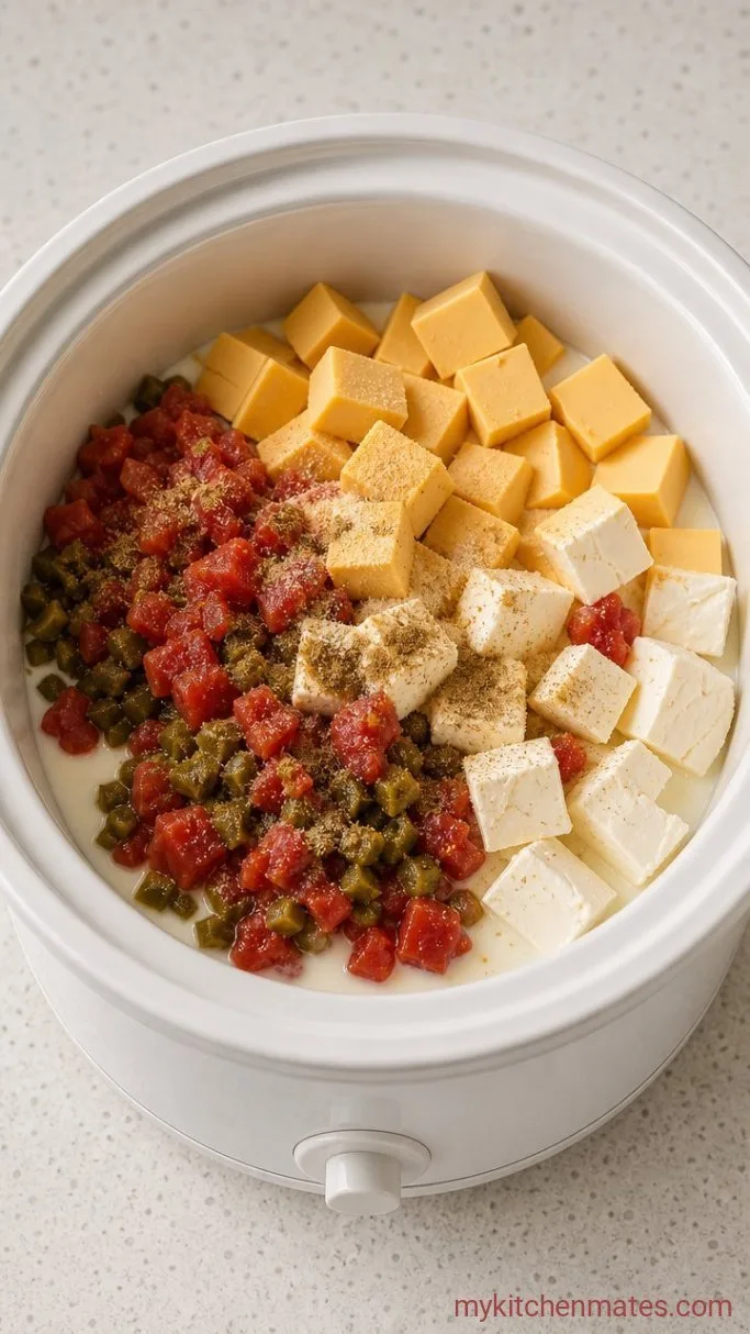 Creamy Crockpot Queso Dip Step 1: Cube the Cheese and Add Everything