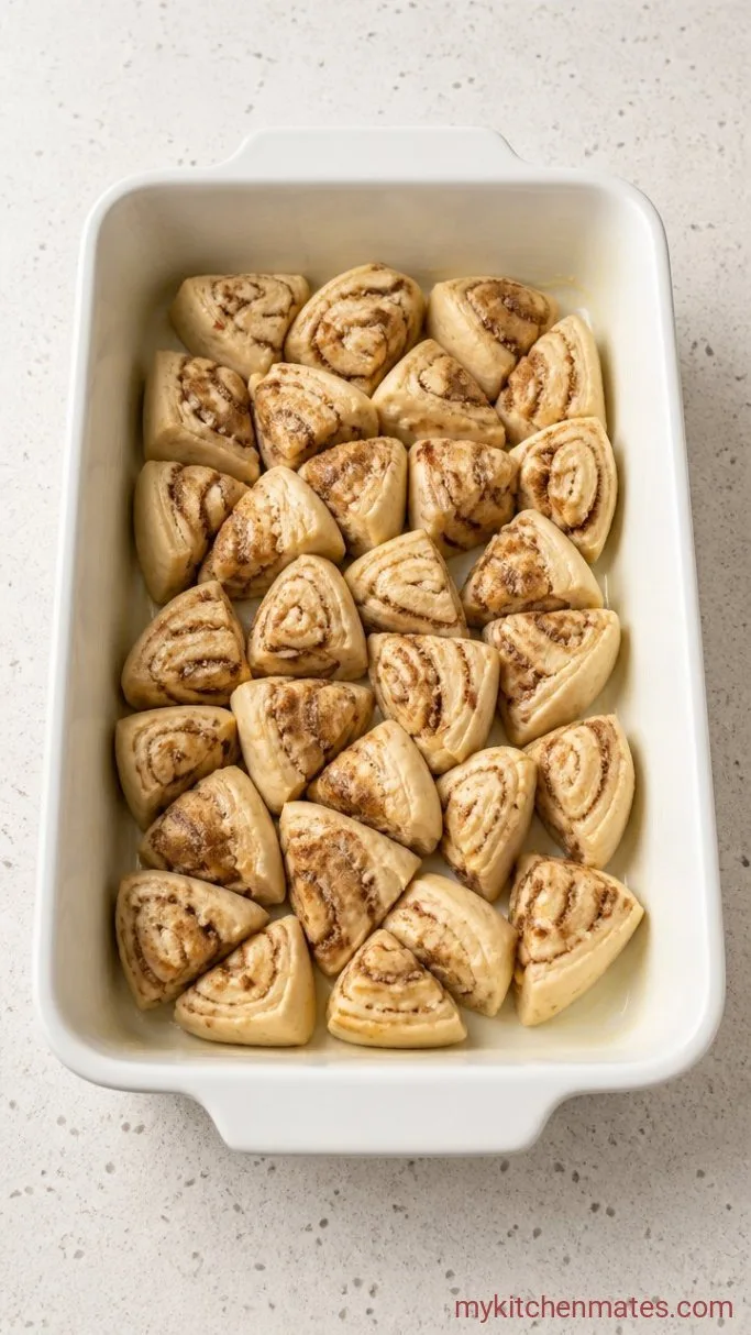 Overnight Pillsbury Cinnamon Roll Breakfast Casserole Step 1: Cut and Arrange the Cinnamon Rolls