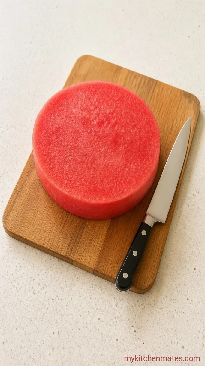 4-Ingredient Watermelon Birthday Cake (No Bake) Step 1: Cut the Watermelon into a Cake Shape