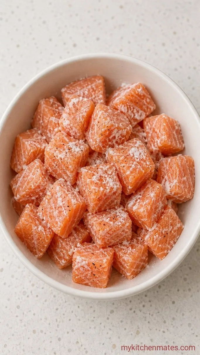 Crispy Hot Honey Salmon Bites (20 Minutes) Step 1: Dice and Coat the Salmon