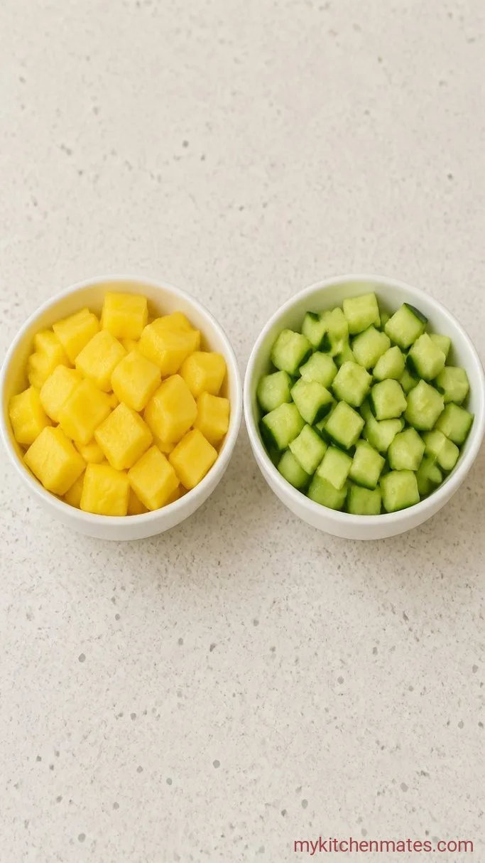 Step 1: Dice the Pineapple and Cucumber