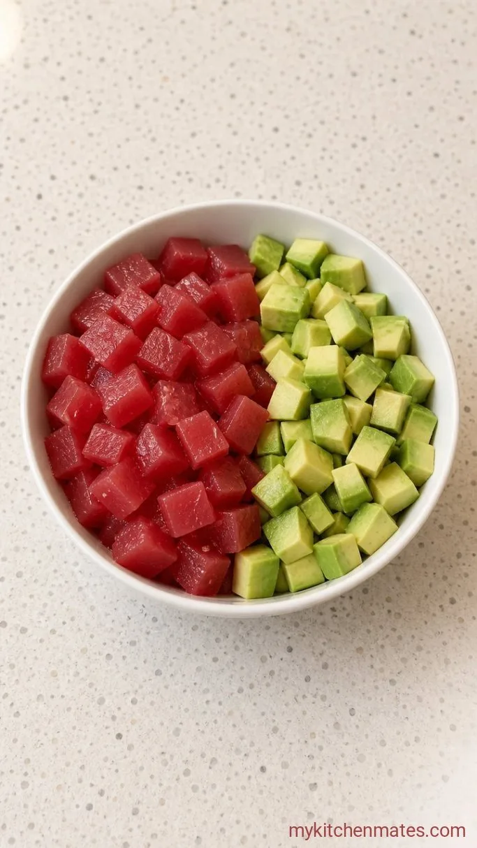 10-Minute Sesame Tuna Tartare Step 1: Dice the Tuna and Avocado