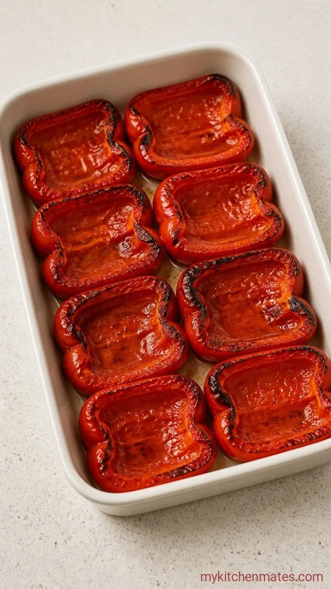Greek Stuffed Peppers with Feta and Herbed Rice Step 1: Halve and Roast the Peppers