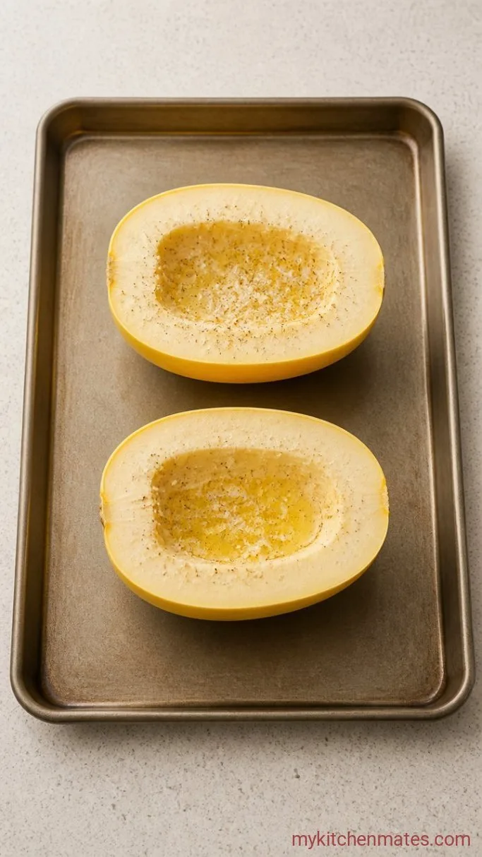 Creamy Boursin Spaghetti Squash Step 1: Halve, Oil, and Season the Squash