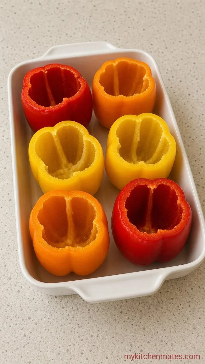Cheesy Stuffed Bell Peppers with Ground Beef and Rice Step 1: Hollow the Peppers