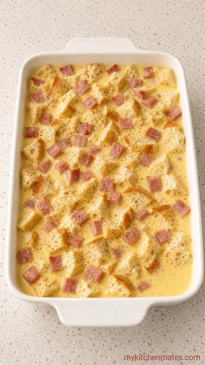 Easy Overnight Eggs Benedict Casserole Step 1: Layer and Soak the Casserole