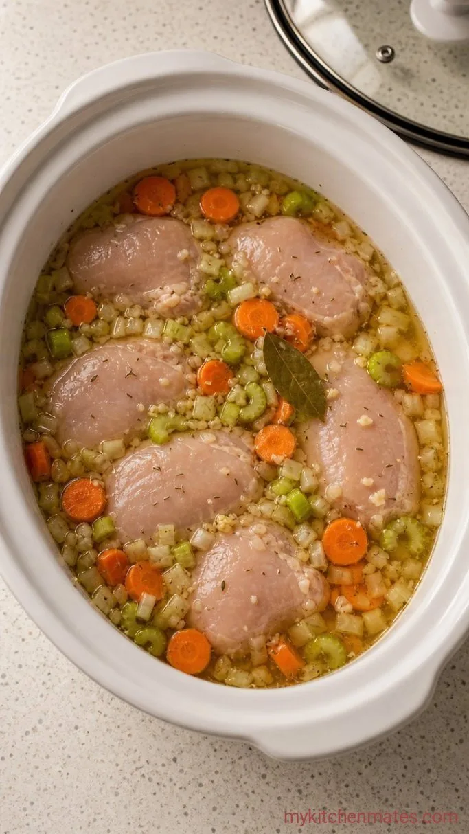 Hearty Crockpot Chicken Vegetable Soup Step 1: Layer Everything in the Slow Cooker