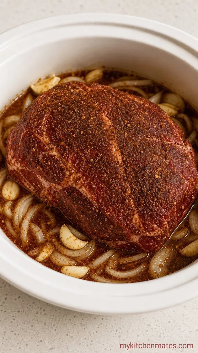 Tender Crockpot Shredded Beef (So Flavorful, Hands-Off) Step 1: Layer the Aromatics and Beef