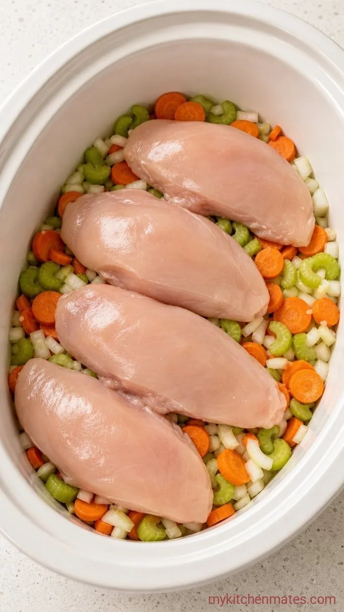 Creamy Crockpot Chicken and Biscuits Step 1: Layer the Aromatics and Chicken