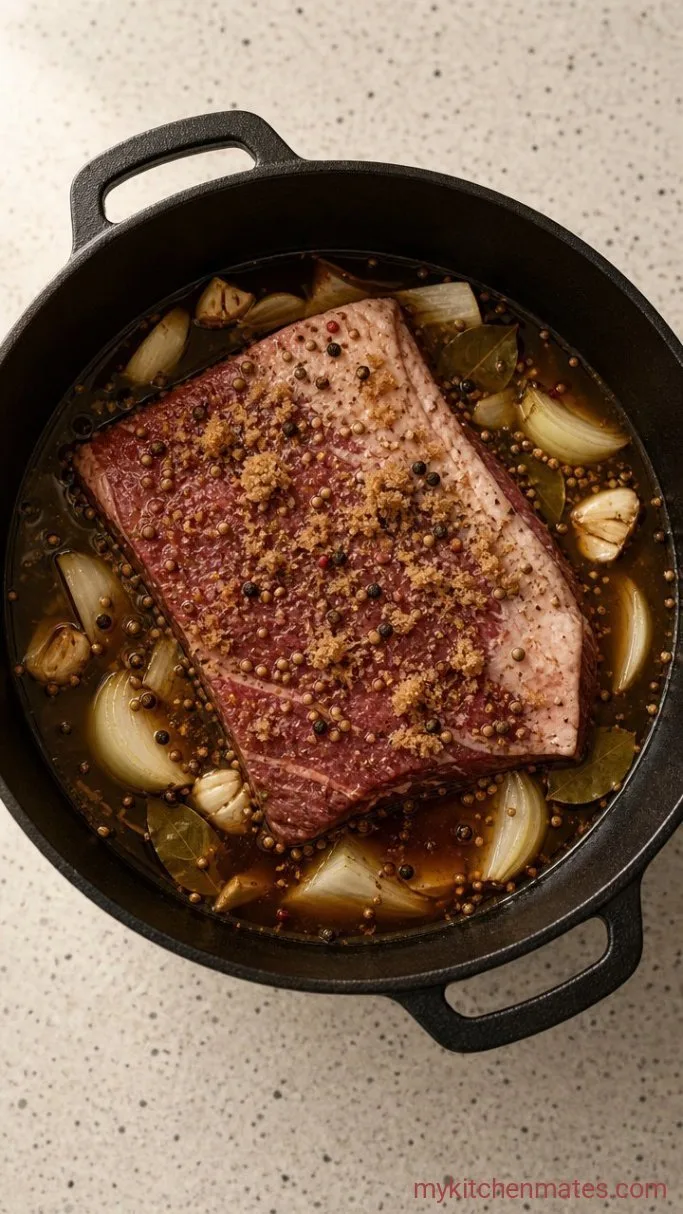 Fall-Apart Tender Dutch Oven Corned Beef Step 1: Layer the Aromatics and Spice the Beef