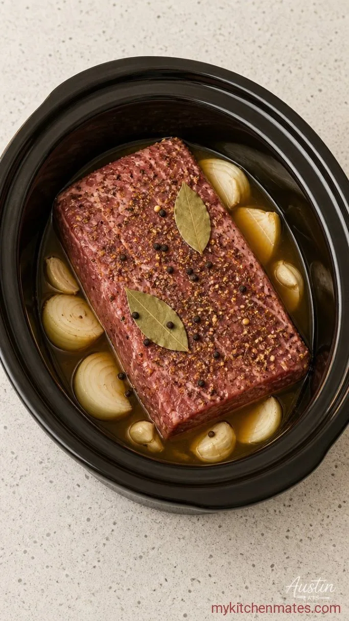 Fall-Apart Slow Cooker Corned Beef and Cabbage Step 1: Layer the Brisket and Aromatics