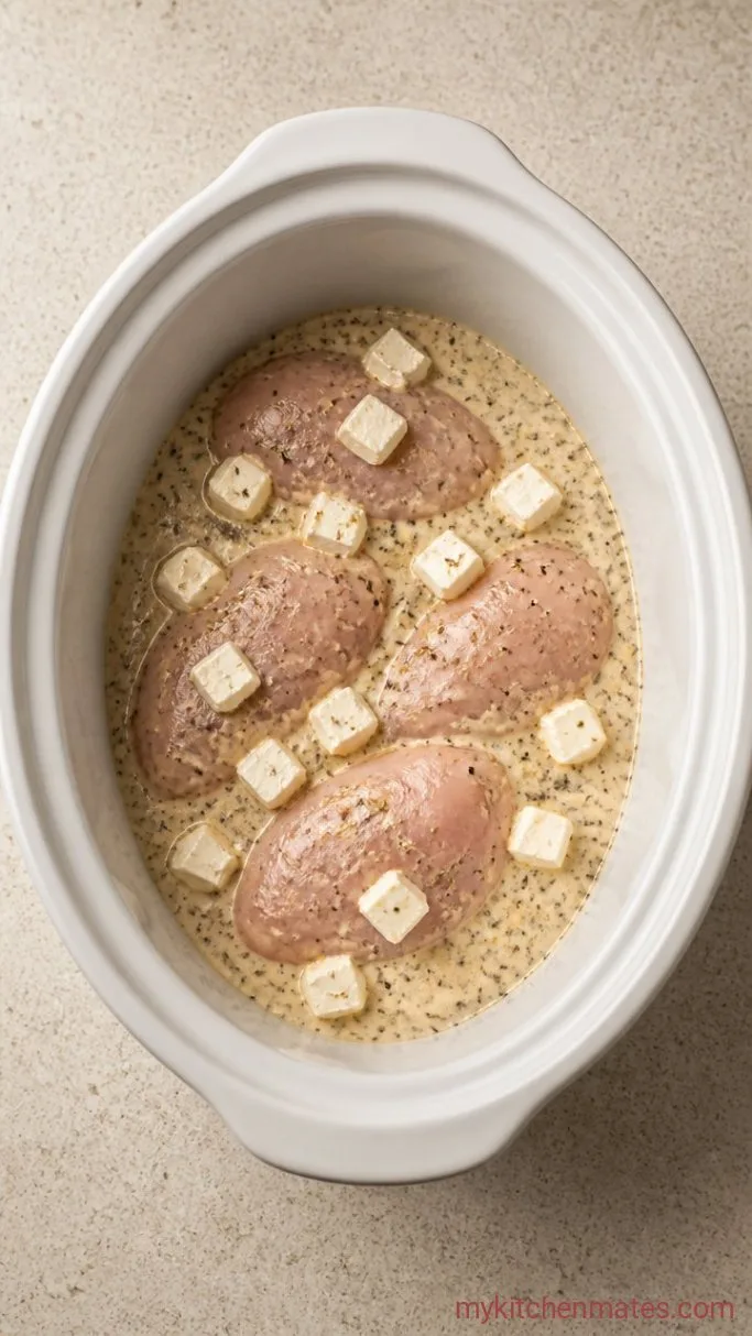 Creamy 4-Ingredient Crockpot Ranch Chicken Step 1: Layer the Chicken and Ranch Sauce