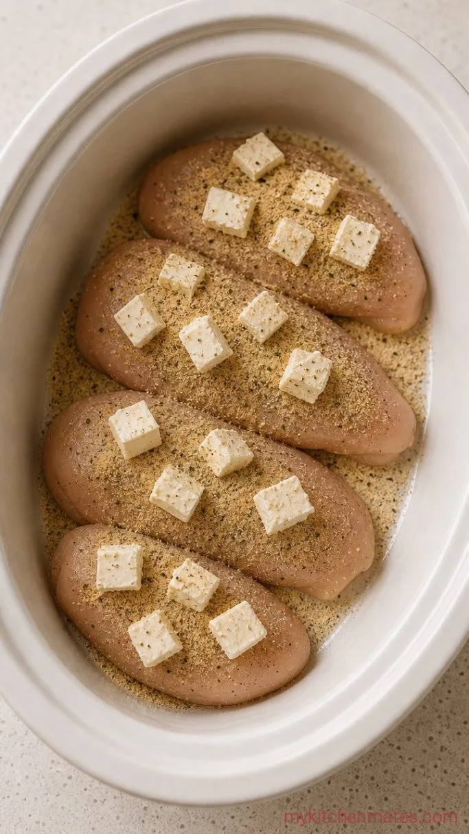 Creamy 5-Ingredient Crockpot Cracked Chicken Step 1: Layer the Chicken and Seasonings