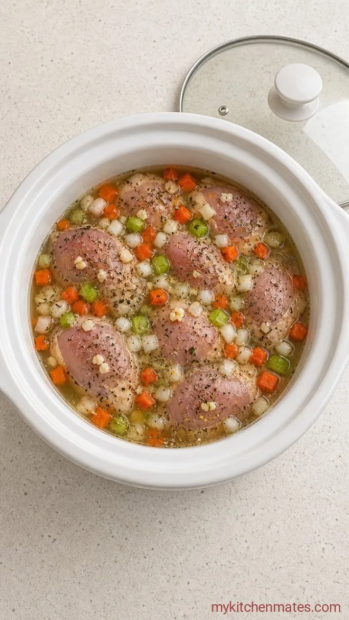 Creamy Crockpot Chicken Gnocchi Soup Step 1: Layer the Chicken and Vegetables