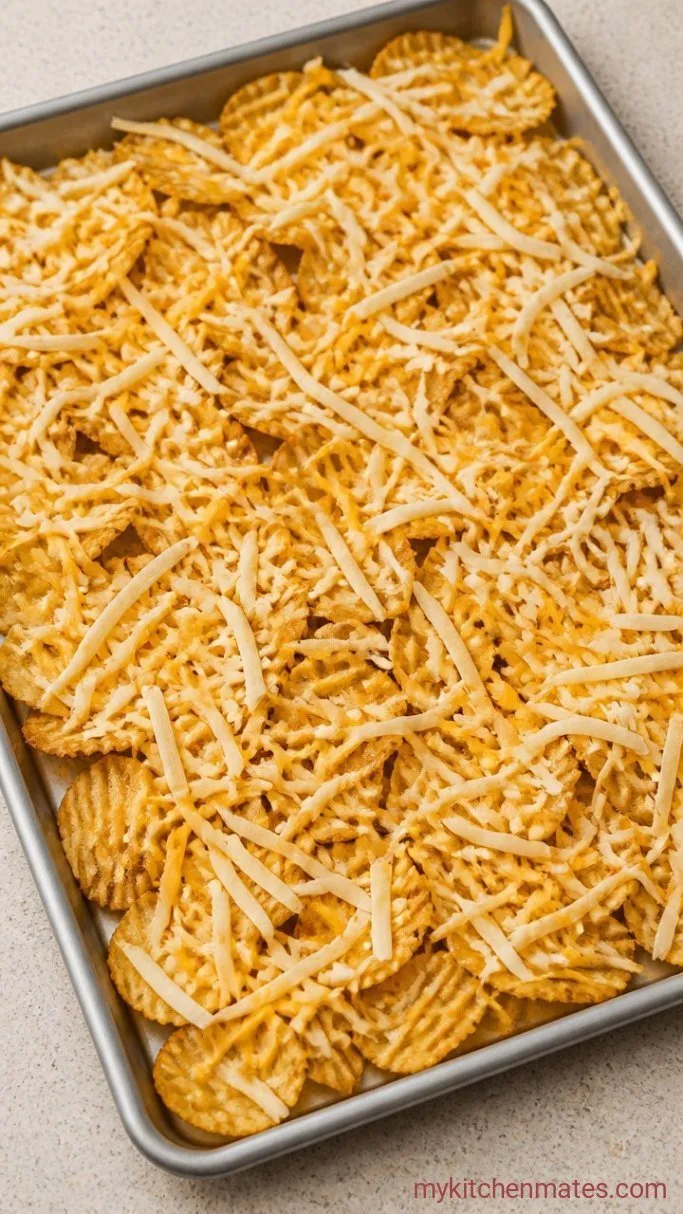 Sheet Pan Potato Chip Nachos (Ready in 10 Minutes) Step 1: Layer the Chips and Cheese