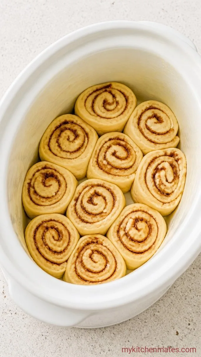 Overnight Crockpot Cinnamon Roll Casserole Step 1: Layer the Cinnamon Rolls