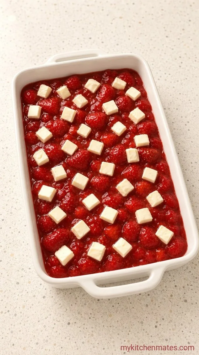 4-Ingredient Strawberry Cream Cheese Dump Cake Step 1: Layer the Fruit and Cream Cheese