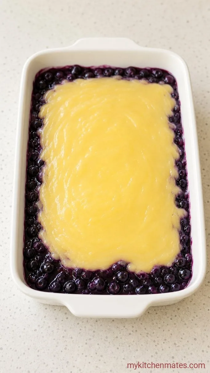 5-Ingredient Lemon Blueberry Dump Cake Step 1: Layer the Fruit Fillings