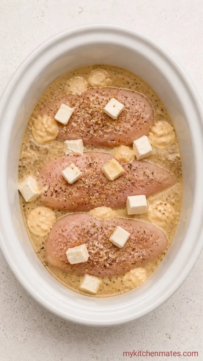 Creamy Crockpot Olive Garden Chicken Pasta Step 1: Layer the Ingredients in the Slow Cooker