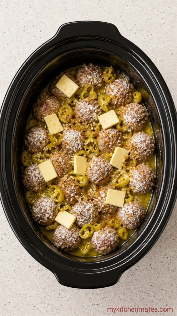 5-Ingredient Crockpot Mississippi Meatballs Step 1: Layer the Ingredients in the Slow Cooker