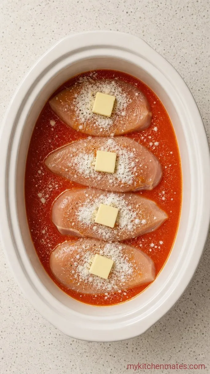 4-Ingredient Slow Cooker Shredded Buffalo Chicken Step 1: Layer the Ingredients