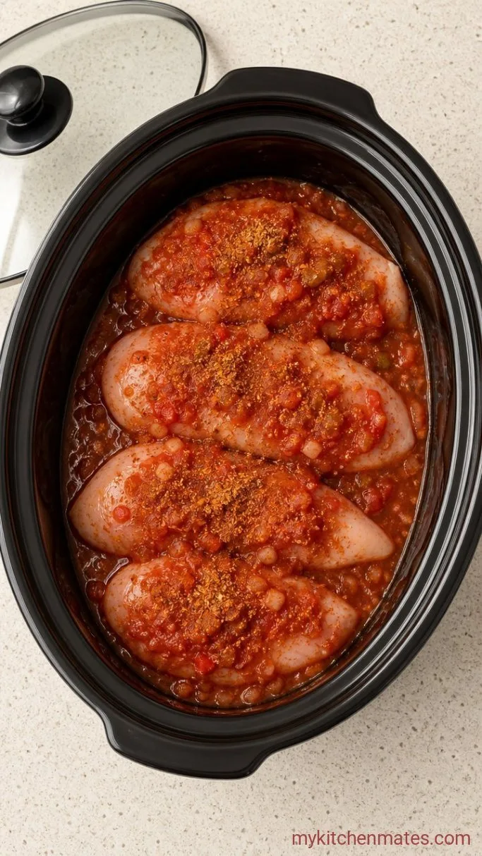 Quick And Easy Crockpot Chicken Tacos Step 1: Layer the Ingredients