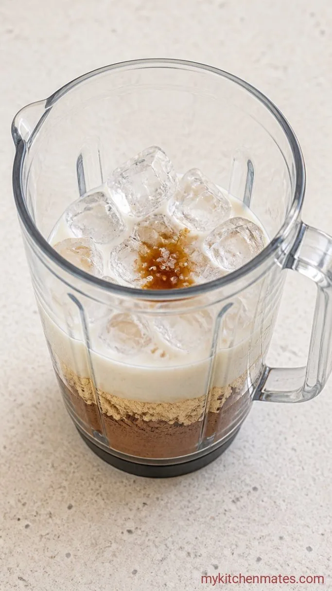 Low Carb Chocolate Peanut Butter Protein Shake Step 1: Layer the Ingredients