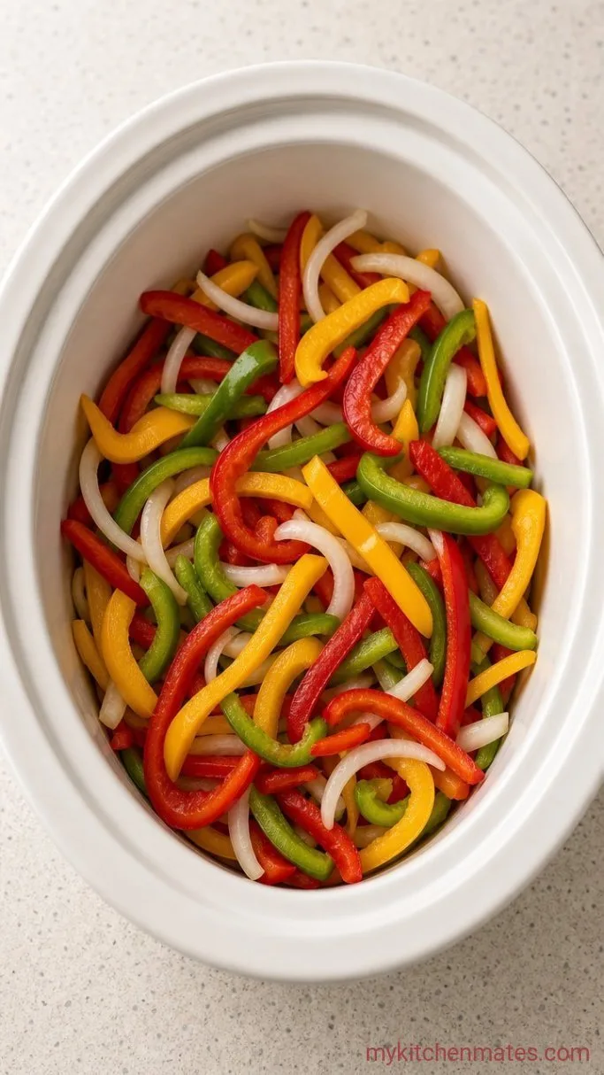 Easy Crockpot Chicken Fajitas Step 1: Layer the Peppers and Onions