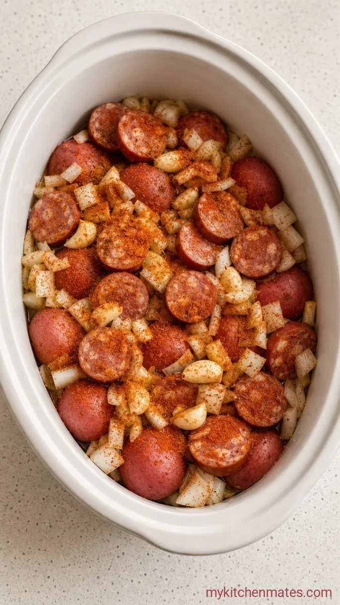 Dump-and-Go Crockpot Shrimp Boil Step 1: Layer the Potatoes and Sausage