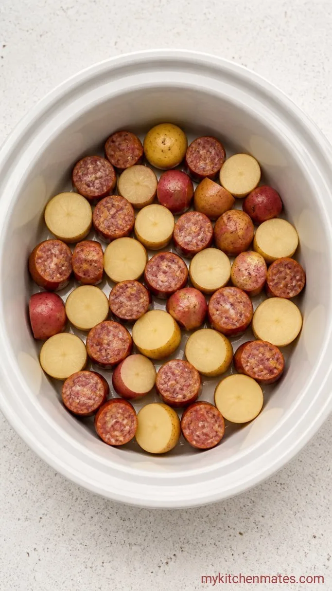Set-It-and-Forget-It Crockpot Seafood Boil with Garlic Butter Step 1: Layer the Potatoes and Sausage