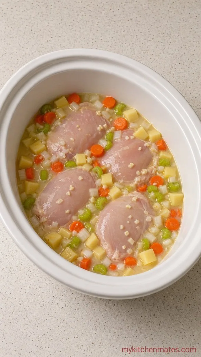 Creamy Crockpot Chicken Pot Pie Soup Step 1: Layer the Soup Base