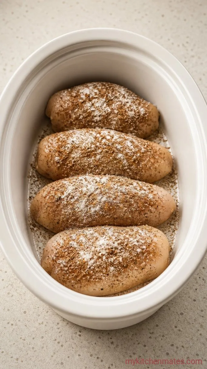 5-Ingredient Slow Cooker Mississippi Chicken Step 1: Load the Chicken and Seasonings