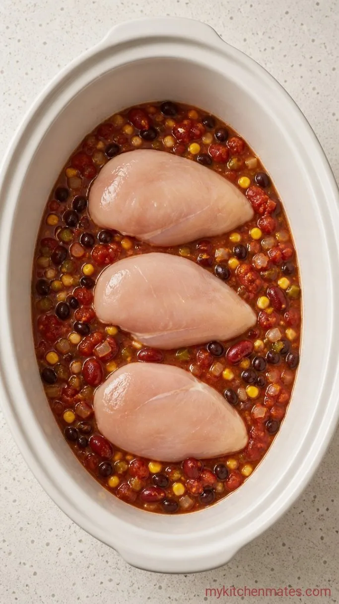 Crockpot Cream Cheese Chicken Chili Step 1: Load the Crockpot