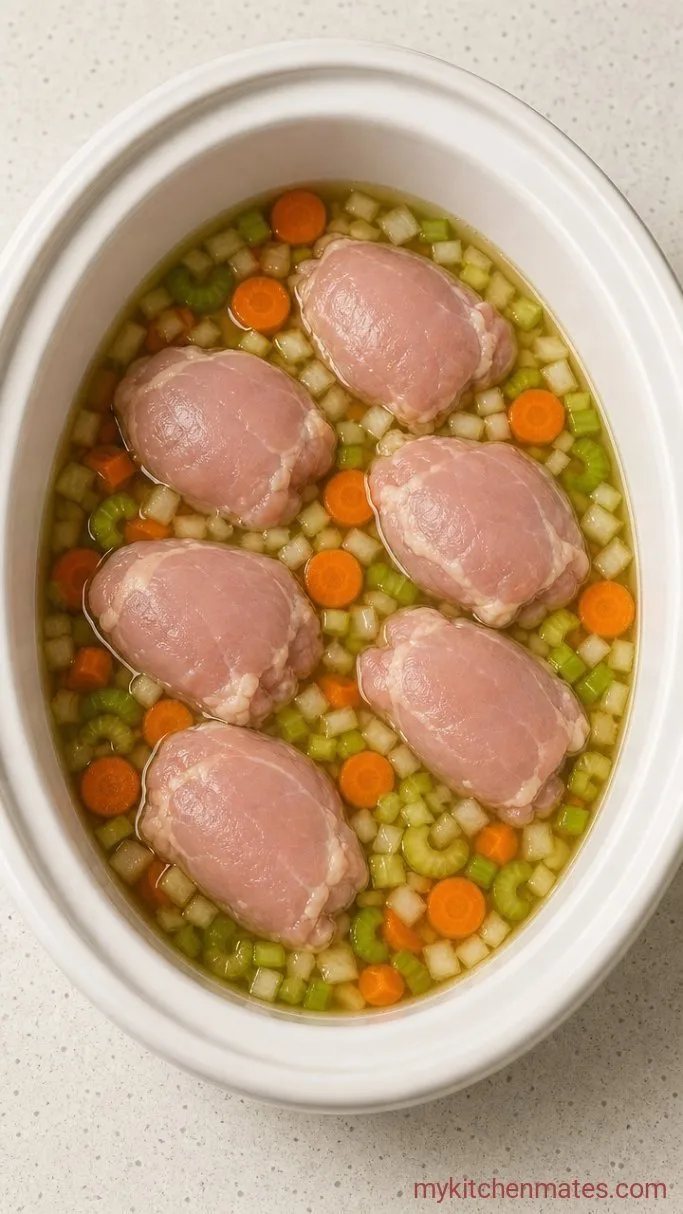Creamy Crockpot Chicken and Dumplings (No Canned Soup) Step 1: Load the Slow Cooker