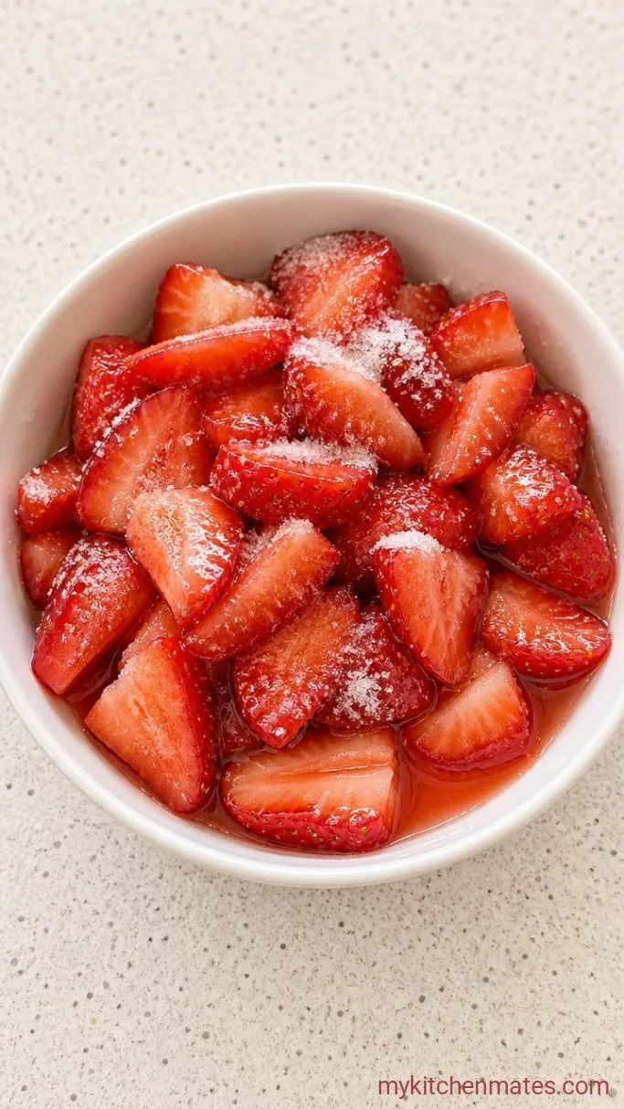 Quick & Airy Strawberry Shortcake Angel Cake Step 1: Macerate the Strawberries