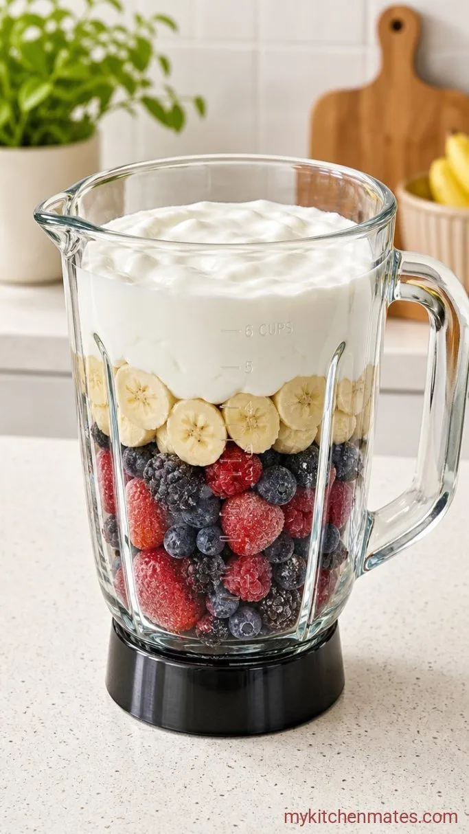 Creamy 3-Ingredient Berry Yogurt Smoothie Step 1: Measure and Layer the Ingredients