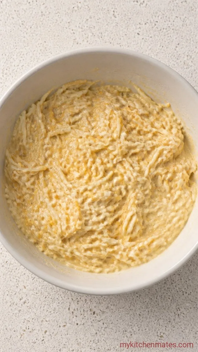 Cheesy Potato Casserole from Frozen Hash Browns Step 1: Mix the Potatoes and Sauce
