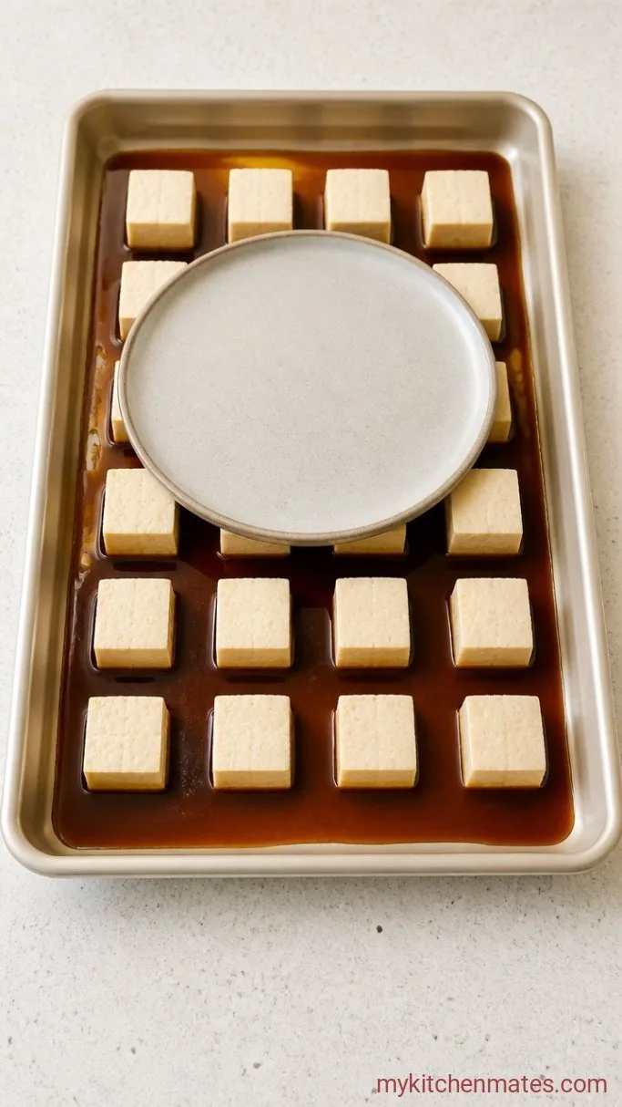 Crispy Baked Tofu Buddha Bowl Step 1: Press and Marinate the Tofu