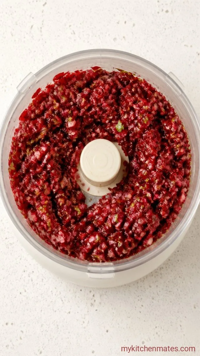 Quick Cranberry Jalapeno Cream Cheese Dip Step 1: Pulse the Cranberry Salsa