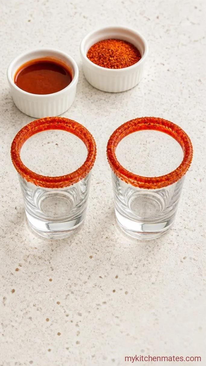5-Ingredient Mexican Candy Shots (Sweet & Spicy in 5 Minutes) Step 1: Rim the Glasses