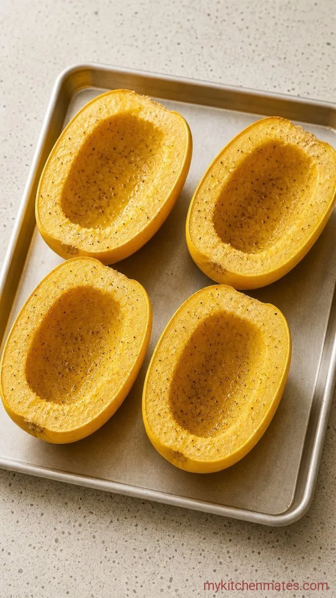 Buffalo Chicken Spaghetti Squash Boats Step 1: Roast the Squash Halves