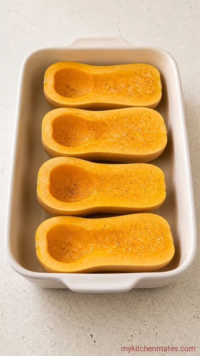 Hearty Sausage & Kale Stuffed Butternut Squash Step 1: Roast the Squash