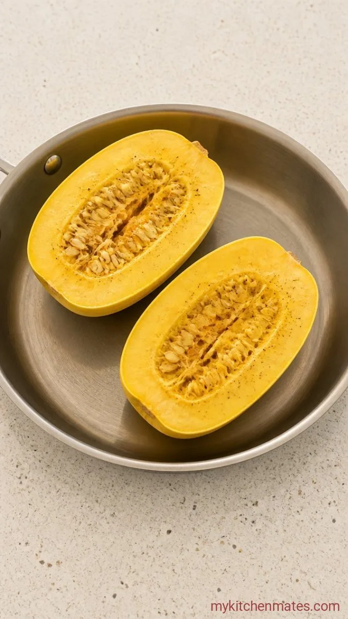 Cheesy Sausage and Spinach Stuffed Spaghetti Squash Step 1: Roast the Squash